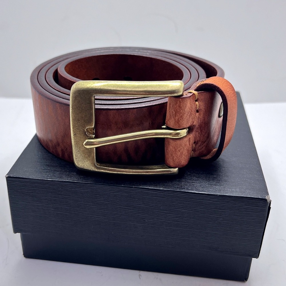 Beau Today Mens Brown Leather Belt Solid Brass Buckle Marbled Grain Size 40